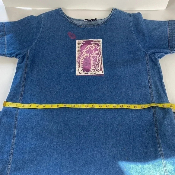 Cat lover Vtg denim short sleeve scoop neck embroidered side slit maxi dress XXL - Picture 12 of 17